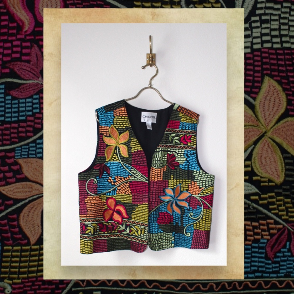 Chico's Vibrant Multicolored Floral Patchwork Vest